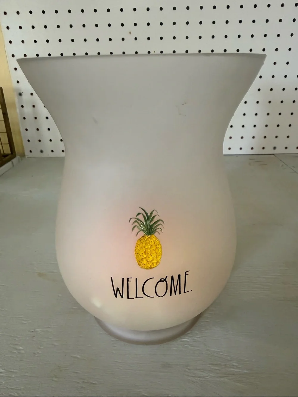 Rae Dunn White Ceramic Hurricane Vase with Yellow Pineapple Welcome